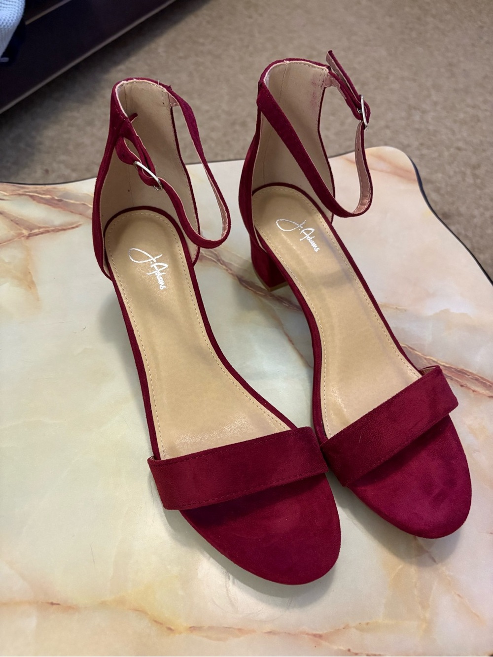 J. Adams Burgendy Faux Suede Strappy Block Heel Ankle Strap -Buckle Size 11